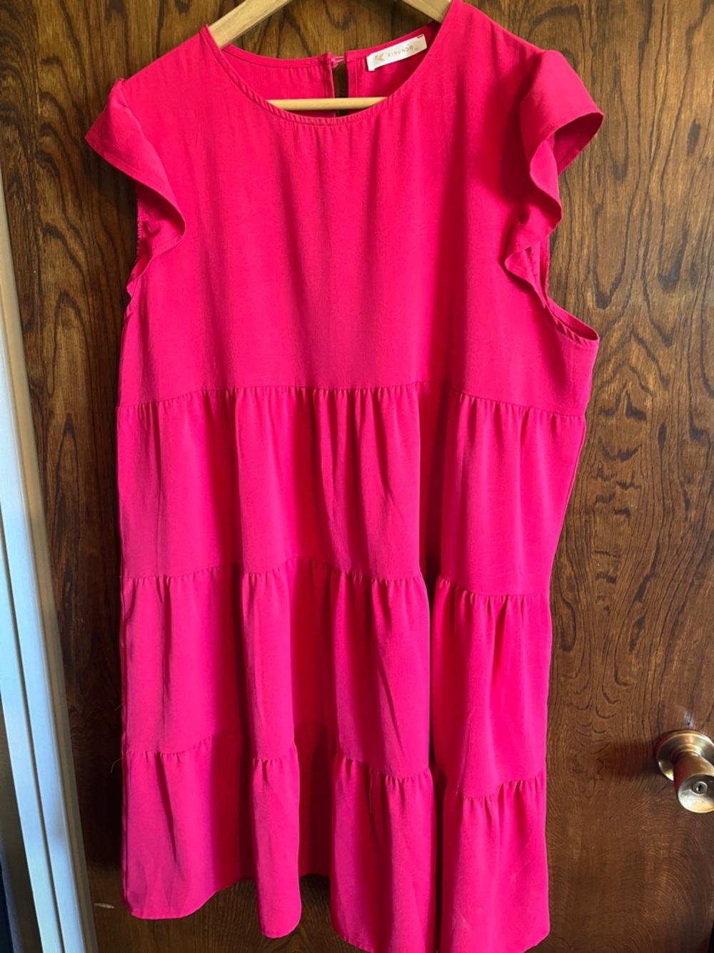 Women's Bright Pink Tiered Casual Dress with Flutter Sleeves